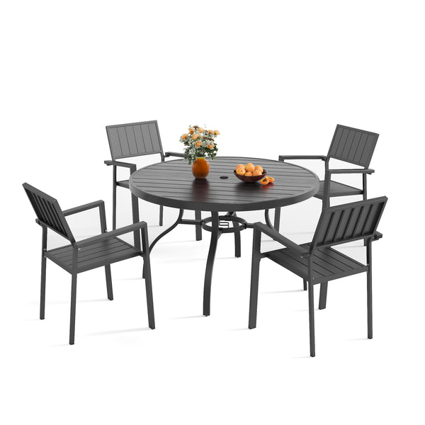 English Elm 5-piece Outdoor Dining Set Round Slatted Table with Umbrella Hole and Stackable Chairs Black W3979S00051
