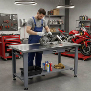 English Elm 59" Stainless Steel Mechanic Teardown Table with Drain Hole and 1000 Lb Capacity W5675S00001