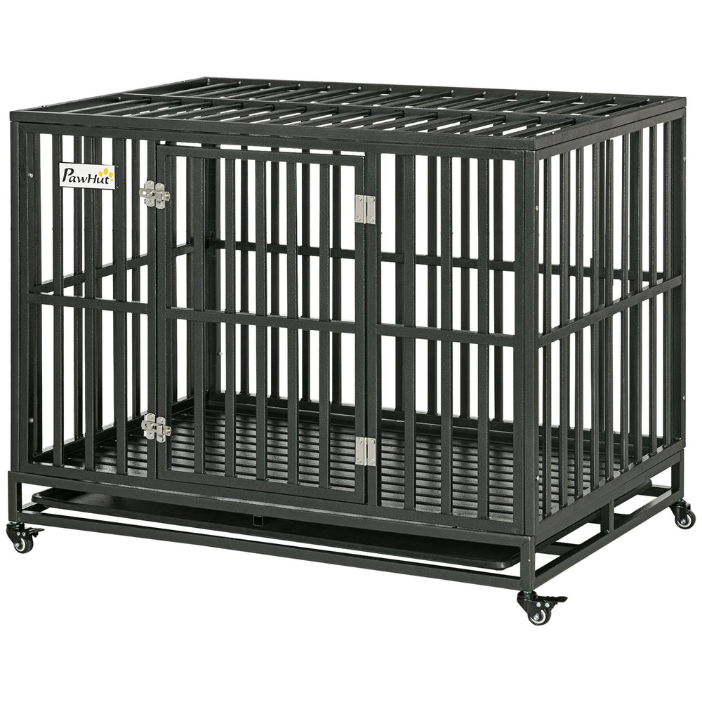 English Elm Pawhut Steel Dog Kennel with Lockable Casters Slide Trays and Anti-pinch Floor Grid W2225P217155