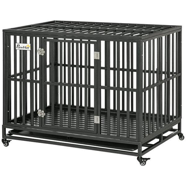 English Elm Pawhut Steel Dog Kennel with Lockable Casters Slide Trays and Anti-pinch Floor Grid W2225P217155
