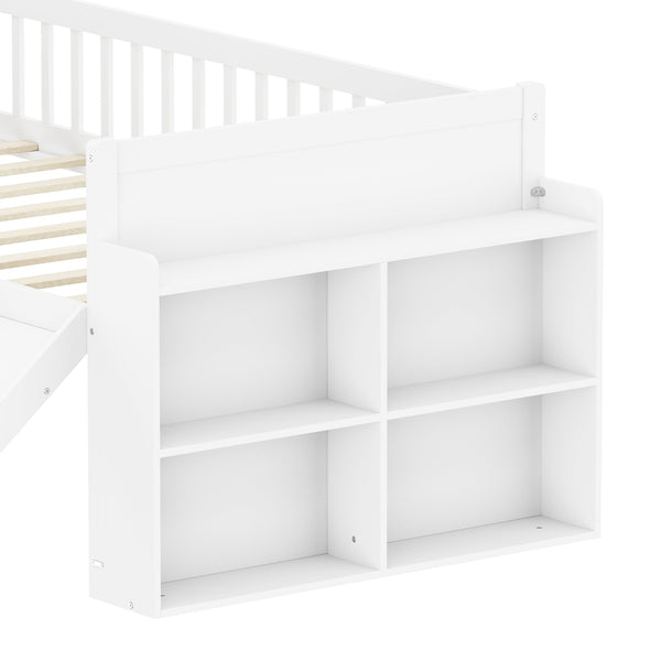 English Elm Twin Platform Kids Bed with Slide Ladder Guardrails Storage Shelf Wood Frame White N733S415411K