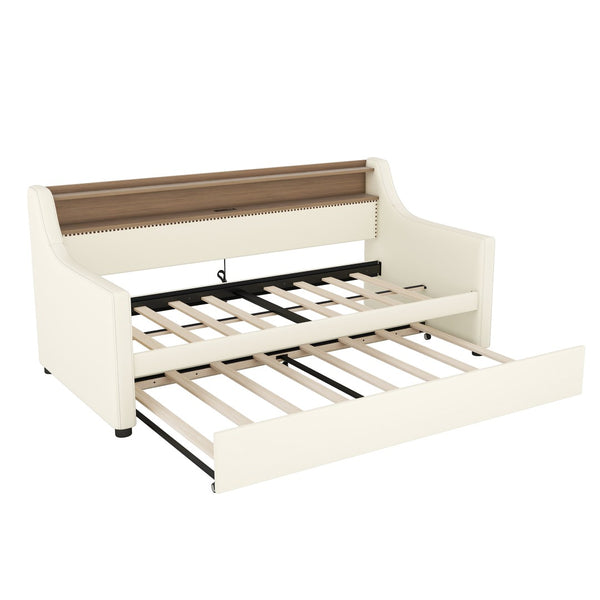 English Elm Twin Size Daybed With Trundle, Led Lighting & Charging Station For Stylish Sleepovers In White W1580S00024-GIGA