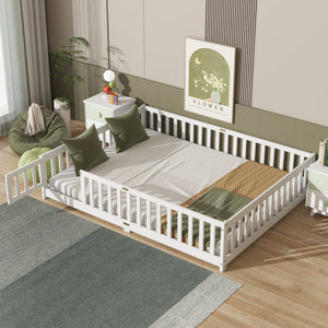 English Elm Queen Floor Bed with Safety Fence and Guardrails, Rubberwood Low Profile Platform for Kids White W504P286387