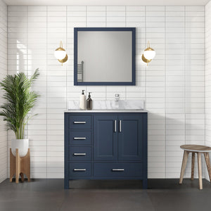 English Elm Navy Blue Bath Vanity With Right Offset Carrara Marble Top & Matching Mirror For Elegant Storage B2731S00692