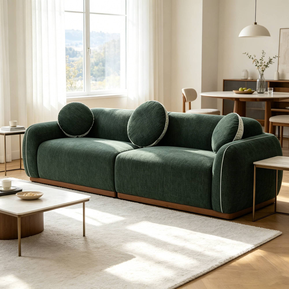English Elm 90.94'' Three Seat Contemporary Curved Sofa with Round Accent Pillows for Modern Living Green W2085S00094