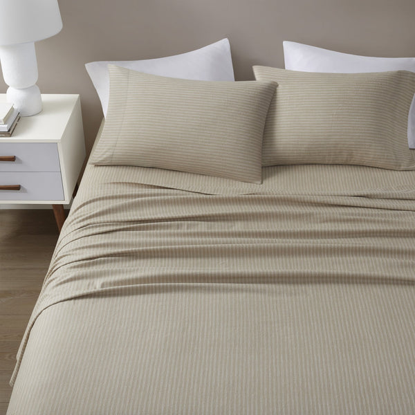 JLA Home True North by Sleep Philosophy - 100% Cotton Flannel Sheet Set — Brushed 160gsm Softness, Warm Beige & White Stripes for Cozy Nights TN20-0601