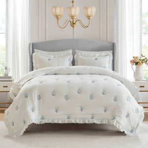 English Elm 3-piece Floral Embroidered Quilt Set Ruffled Trim Romantic Bedding for Full Queen Beds White+Blue B035P463190