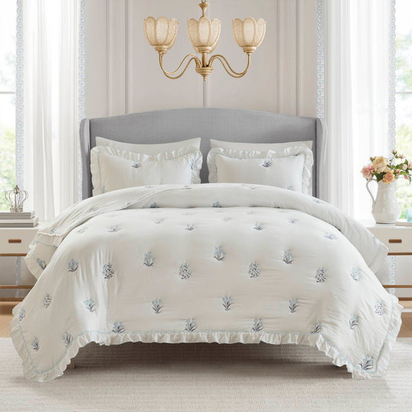 English Elm 3-piece Floral Embroidered Quilt Set Ruffled Trim Romantic Bedding for Full Queen Beds White+Blue B035P463190