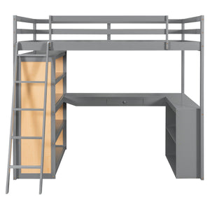 English Elm Full Size Loft Bed with Desk Shelves Writeable Board Pine Frame Gray Finish LT100226AAE-1
