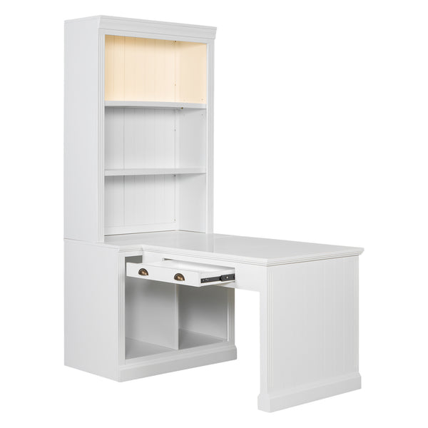 English Elm 83.4"Tall Bookshelf with Writing Desk White – Modern Solid Wood Workstation with LED, Drawer & Adjustable Shelf N751S280597K