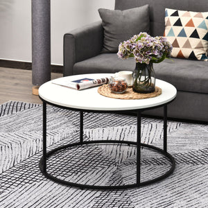 English Elm HOMCOM Modern Round 32" Coffee Table with Wood Grain Top and Black Metal Frame, Durable & Versatile White W2225P217443