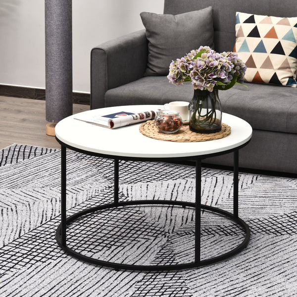 English Elm HOMCOM Modern Round 32" Coffee Table with Wood Grain Top and Black Metal Frame, Durable & Versatile White W2225P217443