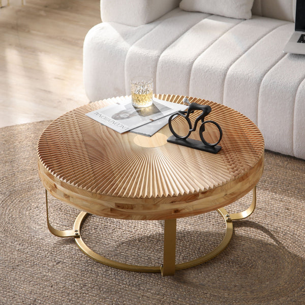 English Elm Modern carved pine coffee table with sculpted tabletop and metal legs for chic living room style, durable 220 lb capacity Natural+Gold W757P186929