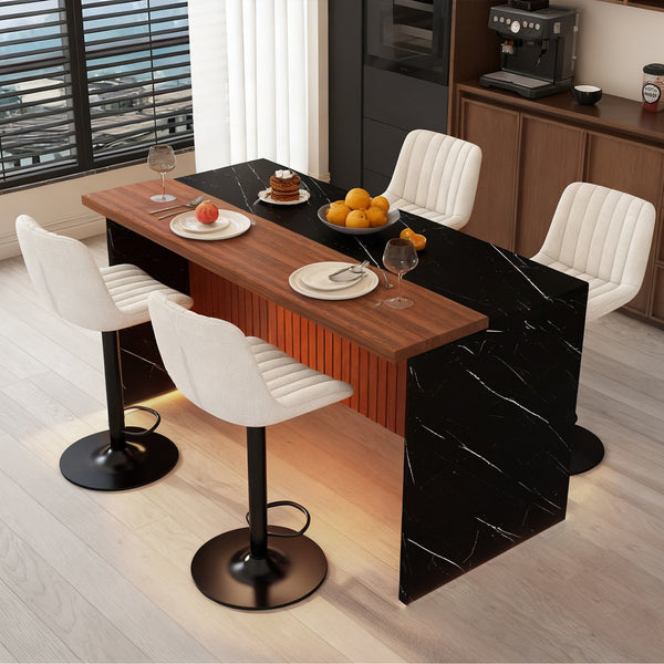 English Elm 63" Modern Kitchen Island Set With 4 Beige Bar Stools - Elegant Black Marble, Led Light & Grille Design W2699S00075