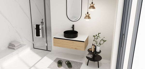 English Elm 36'' Floating Wall Mounted Vanity with Art Ceramic Vessel Sink and Soft Close Drawer W999S00363