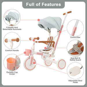 English Elm 7 in 1 Convertible Toddler Tricycle Aluminum Frame Push Trike with Rotating Seat Canopy Pink N726P300636G