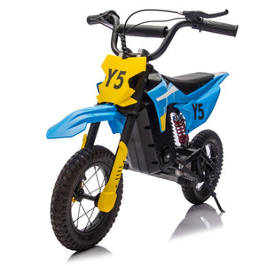 English Elm 24v 250w Kids Off-road Electric Motorcycle with Led Lights Bluetooth and Rear Suspension Blue W1578P203980