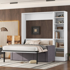 English Elm Full Size Murphy Wall Bed with Integrated Sofa Open Shelving White Cabinet Unit LP000795AAK