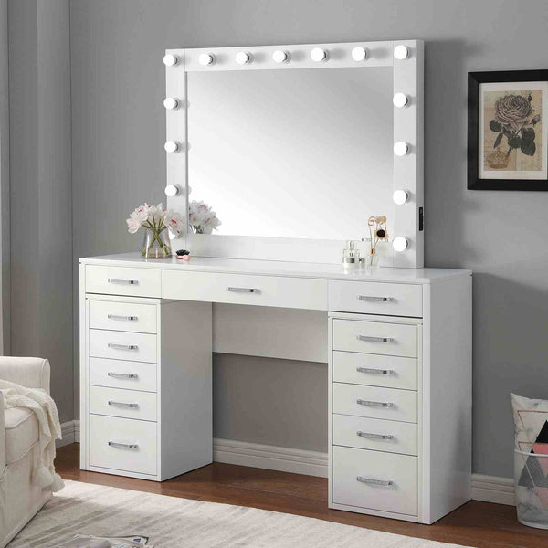 English Elm Glam Elegant Vanity Set with LED Mirror, Plush Stool, Ample Storage, Felt-Lined Drawers, Chic Finish White 68 L x 22 W x 11 H B2741S00686