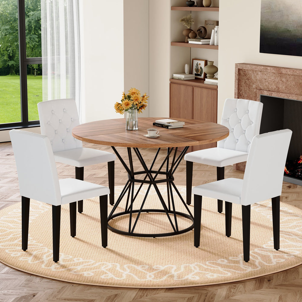 English Elm Table and Chair Set Retro Rectangular Dining with Textured Black Top Gray Linen Seats W1151S04849