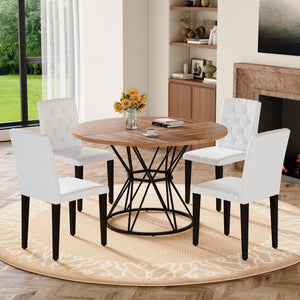 English Elm Table and Chair Set Retro Rectangular Dining with Textured Black Top Gray Linen Seats W1151S04849