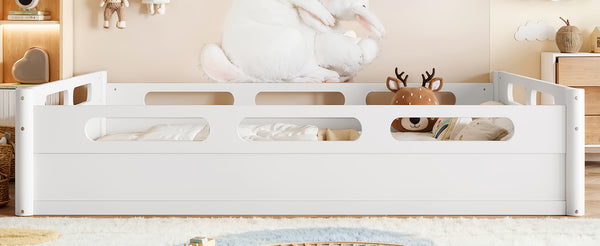 English Elm Queen Low Profile Floor Bed Pine Wood Frame Japandi Minimalist Bedroom Design White W1580P438794