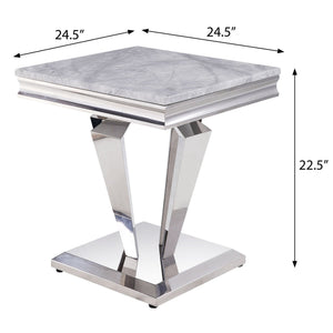 English Elm Light Light Grey and Silver End Table Cultured Marble Top Stainless Steel Frame Modern Luxe Centerpiece B062S00458