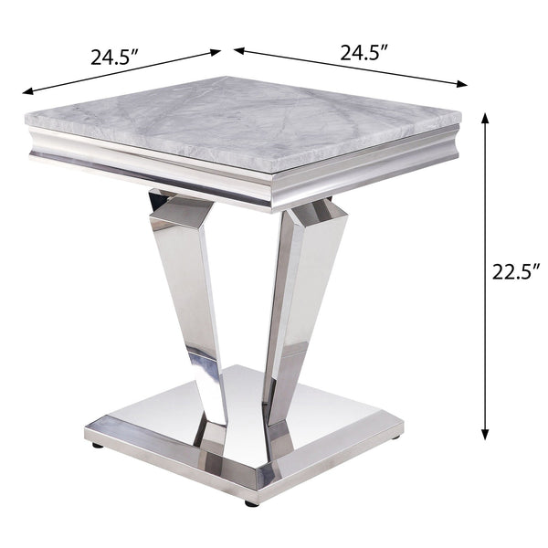 English Elm Light Light Grey and Silver End Table Cultured Marble Top Stainless Steel Frame Modern Luxe Centerpiece B062S00458