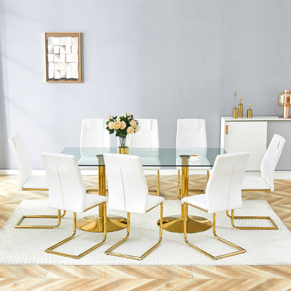 English Elm Table and Chair Set 8 Seater Tempered Glass Top with Pu Leather Dining Room Furniture Gold,Transparent,White W1151S04565