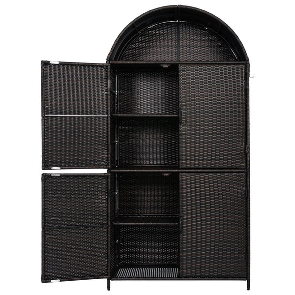English Elm K&k Tall Arched Pe Rattan Outdoor Storage Cabinet with Adjustable Shelves and Steel Frame Brown+Black N707P420158D