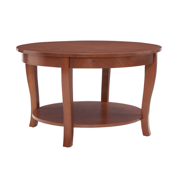 English Elm Traditional Round Coffee Table with Open Shelf, 2-Tier Solid Wood Accent Table for Small Spaces Walnut W1693P216929
