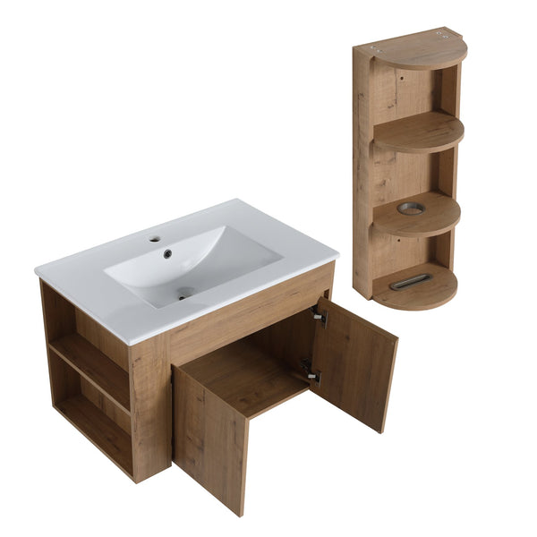 English Elm 30" Wall-Mounted Bathroom Vanity With Ceramic Sink, Soft-Close Doors & Versatile Storage Rack W999S00342