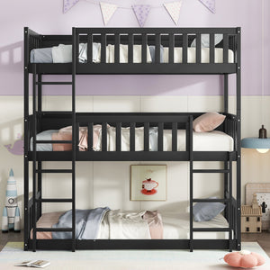 English Elm Twin Triple Rubberwood Bunk Bed with Ladders & Guardrails, Space-Saving Modular Design for Families Black W504S00173