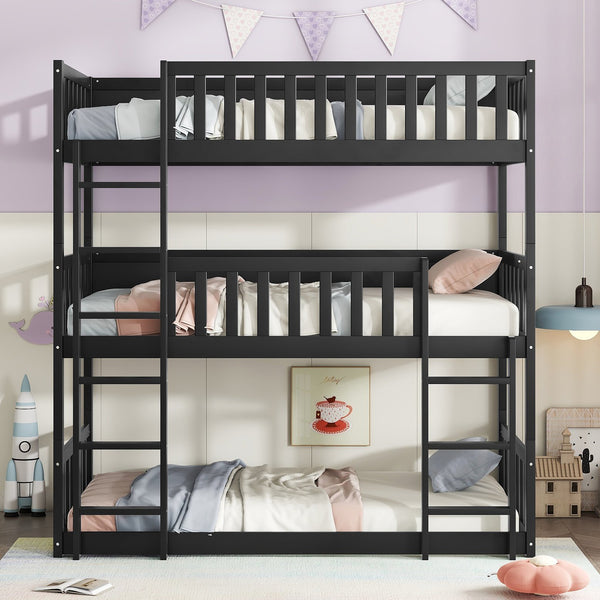 English Elm Twin Triple Rubberwood Bunk Bed with Ladders & Guardrails, Space-Saving Modular Design for Families Black W504S00173