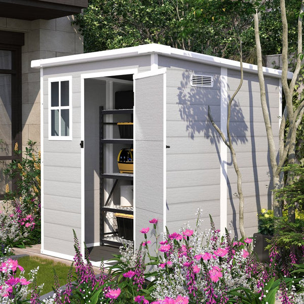 English Elm 6x6 Ft Resin Outdoor Storage Shed with Floor Lockable Doors Window and Vents W1598S00017