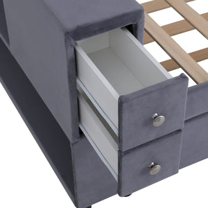 English Elm Twin Upholstered Bed with Trundle and Storage Drawers, USB Ports, French Velvet Luxurious Feel Gray SF000184AAE