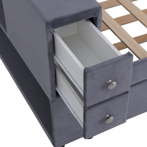 English Elm Twin Upholstered Bed with Trundle and Storage Drawers, USB Ports, French Velvet Luxurious Feel Gray SF000184AAE