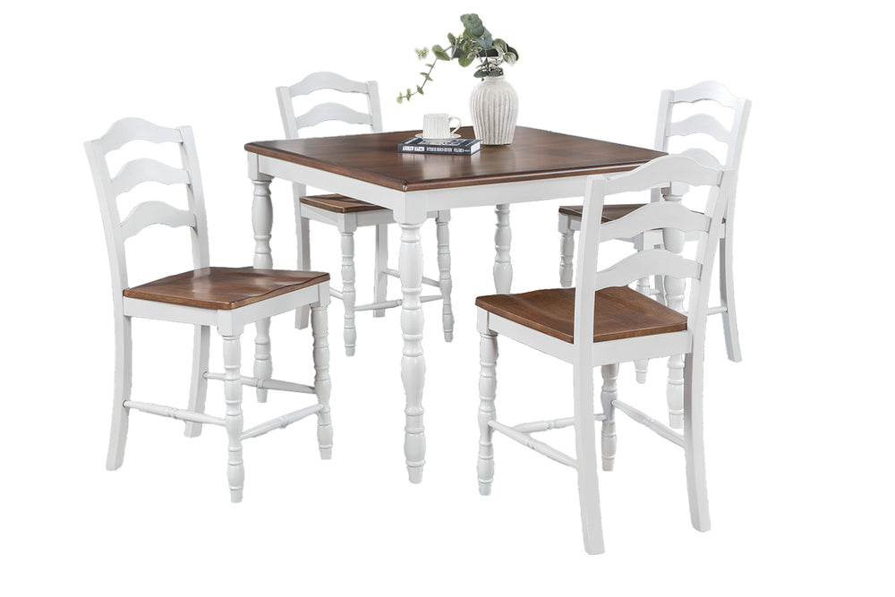 English Elm 5 5-Piece Counter Height Dining Set with Oak Top and White Legs, Ladder Back Chairs, Rustic Charm B089P389541
