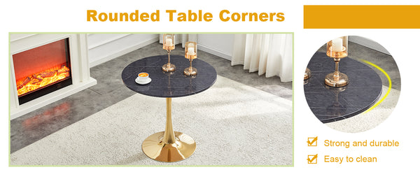 English Elm Round Faux Marble Tulip Pedestal Dining Table Mid Century Modern for Small Bistro Spaces Gold,Gray W2920P405351
