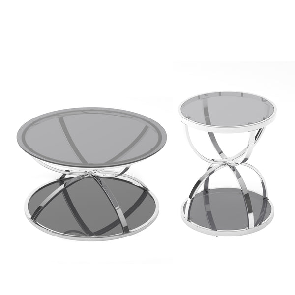English Elm Modern Chrome Ring Frame Round Glass Coffee Table Set Two Tiers for Living Room W757S00056