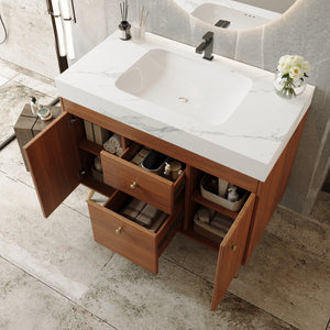 English Elm 36" Freestanding Bathroom Vanity Sintered Stone Top Ceramic Sink Stainless Steel Legs Gold,Walnut,White W3136S00074