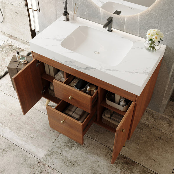 English Elm 36" Freestanding Bathroom Vanity Sintered Stone Top Ceramic Sink Stainless Steel Legs Gold,Walnut,White W3136S00074