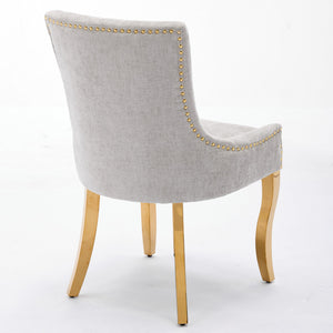 English Elm Chenille Modern Dining Chair with Curved Gold-Plated Legs, Rivet Trim, Textured Upholstery Comfort Beige W1143P332684