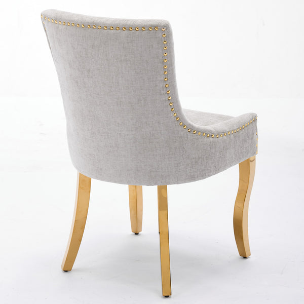 English Elm Chenille Modern Dining Chair with Curved Gold-Plated Legs, Rivet Trim, Textured Upholstery Comfort Beige W1143P332684