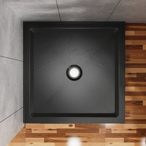 English Elm Goodyo Acrylic Corner Shower Base with Slate Texture Anti-slip Surface Center Drain D163121900