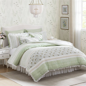JLA Home Madison Park - 9 Cotton Percale Comforter Set with Floral Pintuck, Lace Trim & Ruched Flange for All-Season Breathable Elegance 90 L x 90 W x 1.5H MP10-8598