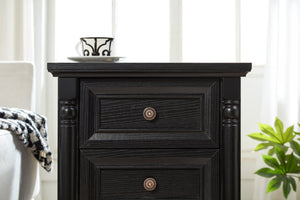 English Elm Farmhouse Rustic Nightstand with Built-in Charging Station Barn Wood Grain Storage Black W2393P324459