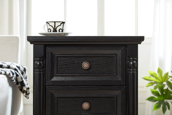 English Elm Farmhouse Rustic Nightstand with Built-in Charging Station Barn Wood Grain Storage Black W2393P324459