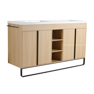 English Elm 60" Freestanding Bathroom Vanity with Dual Resin Sink, 4 Soft-Close Doors, 3 Open Shelves & Towel Hanger, Plywood Storage Boxes, Modern Durable Hardware W999S00480