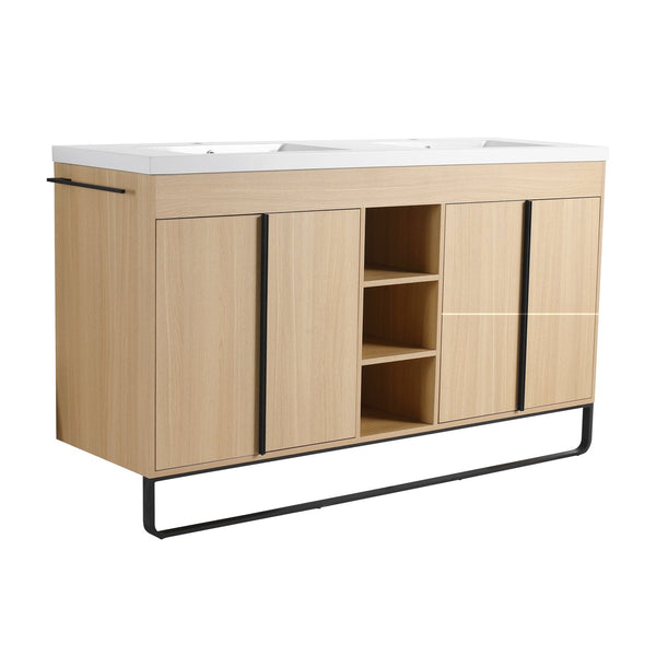 English Elm 60" Freestanding Bathroom Vanity with Dual Resin Sink, 4 Soft-Close Doors, 3 Open Shelves & Towel Hanger, Plywood Storage Boxes, Modern Durable Hardware W999S00480